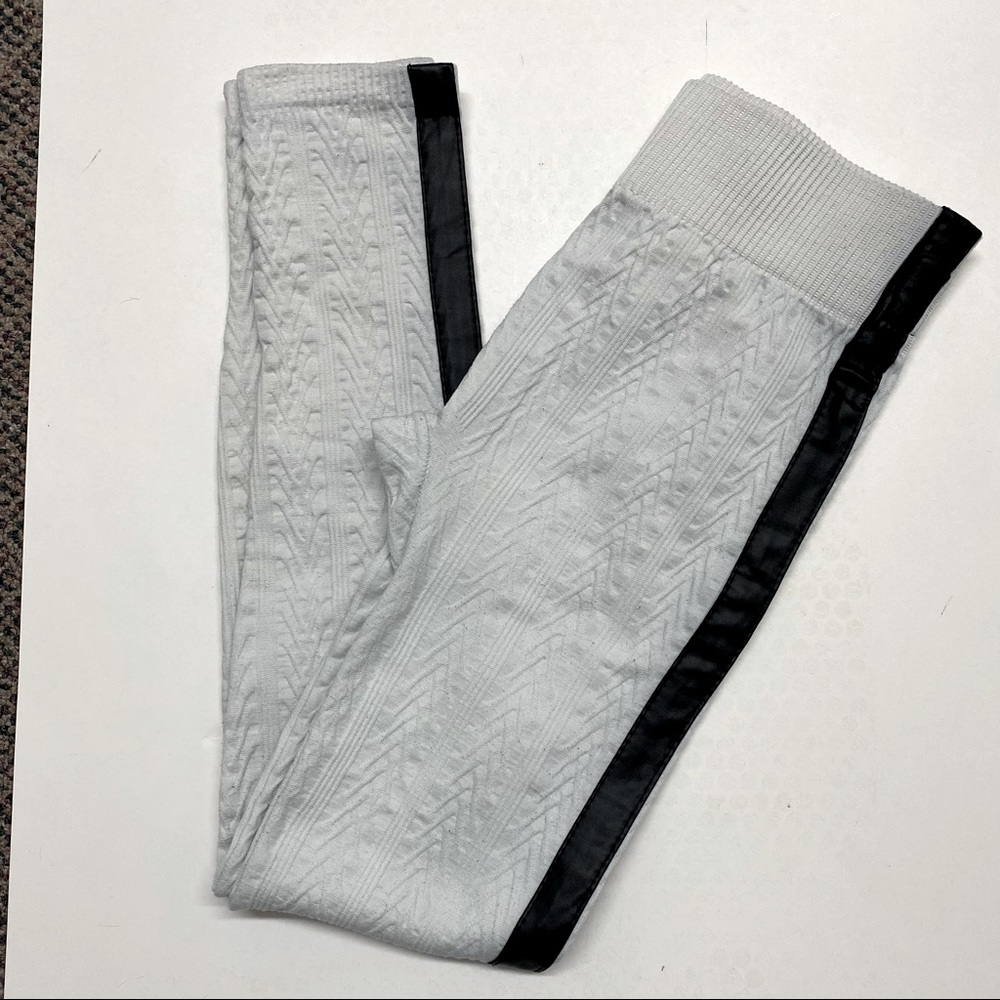 Cream Cable Knit Leggings Faux Leather Stripe Fleece Lined Cozy Warm Sz S